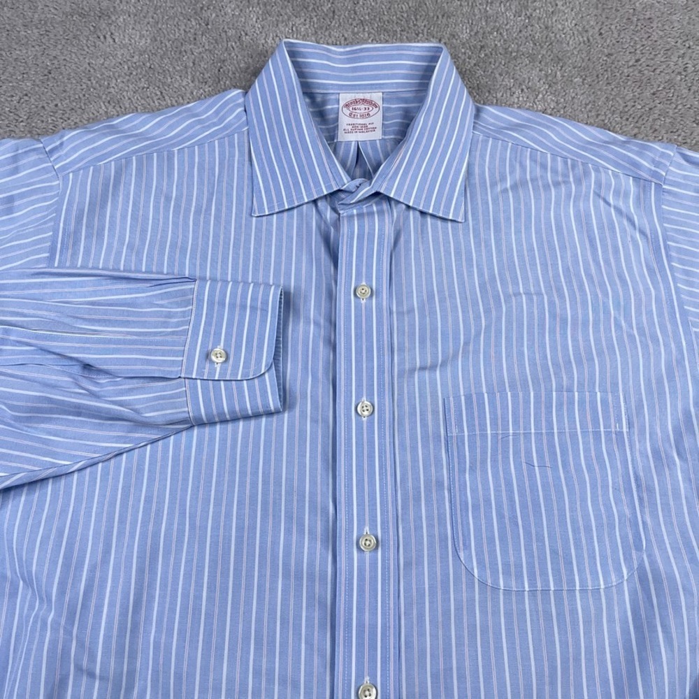 Brooks Brothers Shirt Mens 16.5 33 Blue Stripes Traditional Fit Supima Cotton